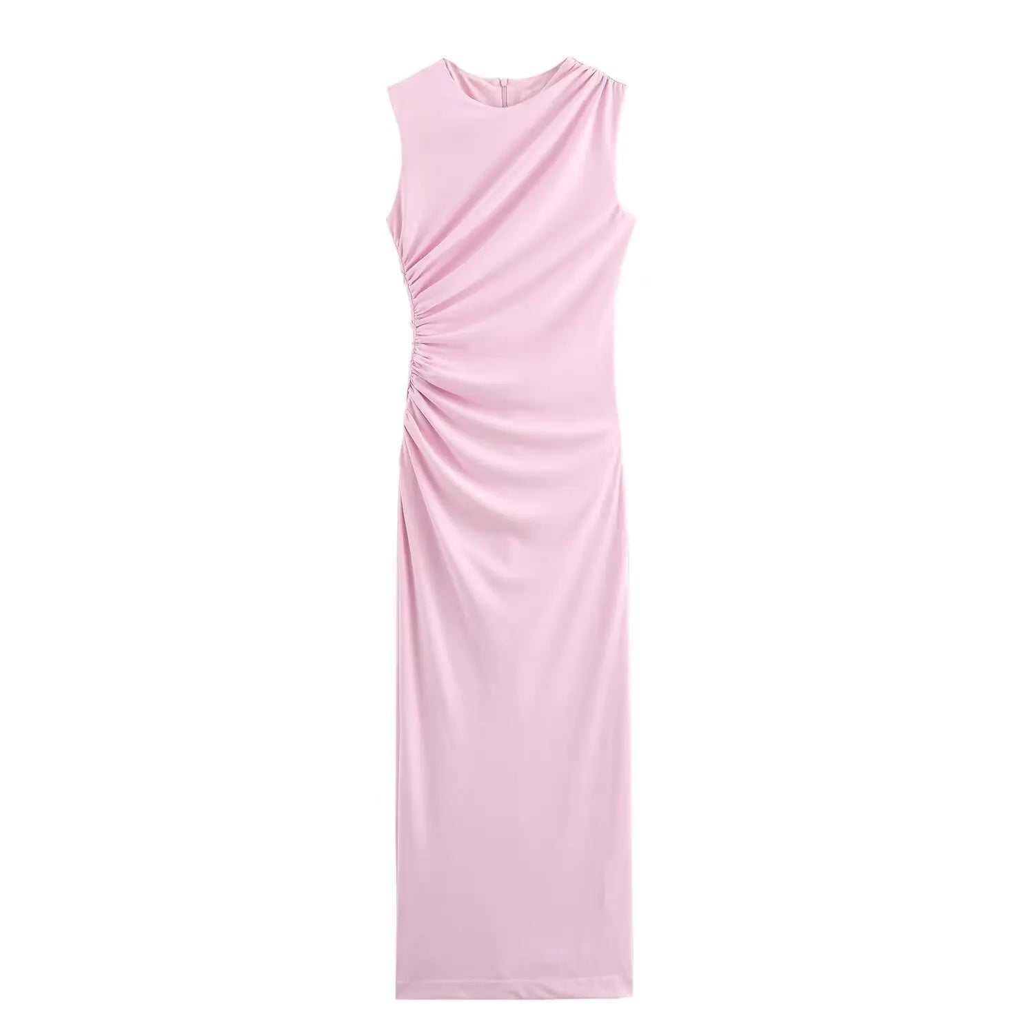 BSAY Women Fashion Summer New White Pleated Back Zip Sleeveless Crewneck Vest Long Dress Chic Female Elegant Evening