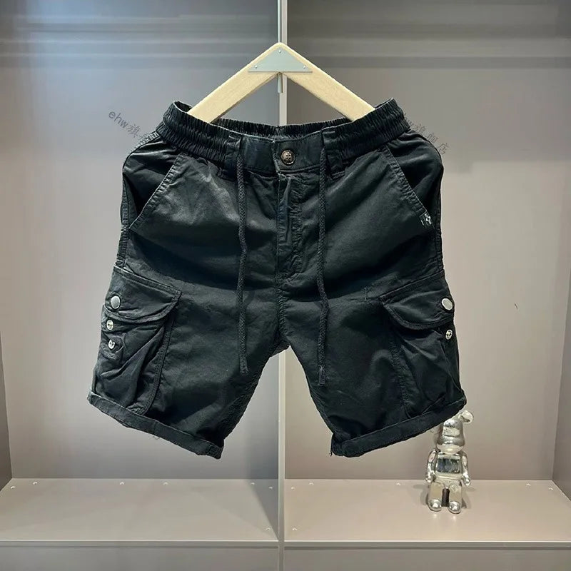Summer Men's Drawstring Elastic Waist Cargo Shorts Casual Multi-Pocket Loose Elastic Cotton Five-Point Mid-Length Short Pants