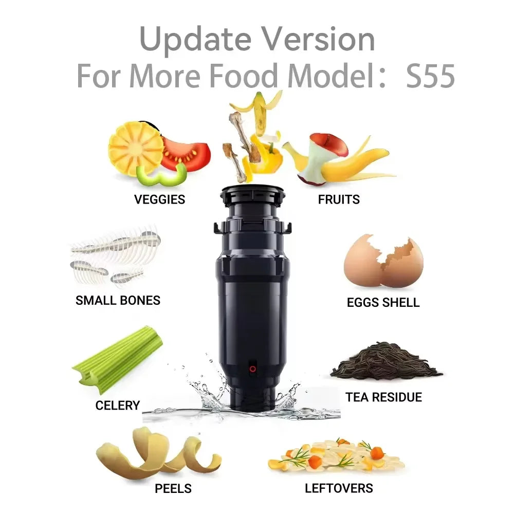 S55 Household Kitchen Garbage Disposal, Quiet And Efficient, Stainless Steel Material, Anti-Blocking Design High Efficiency
