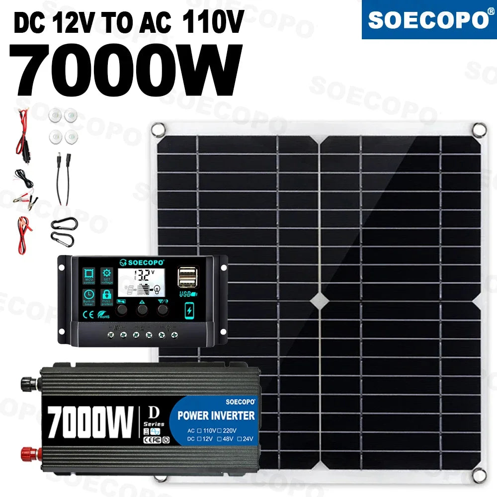 SOECOPO 7000W Solar Power Kit with 100A Controller & 300W Panel Inverter 12V to 110V/220V for Home/Camping/RV/Emergency Backup
