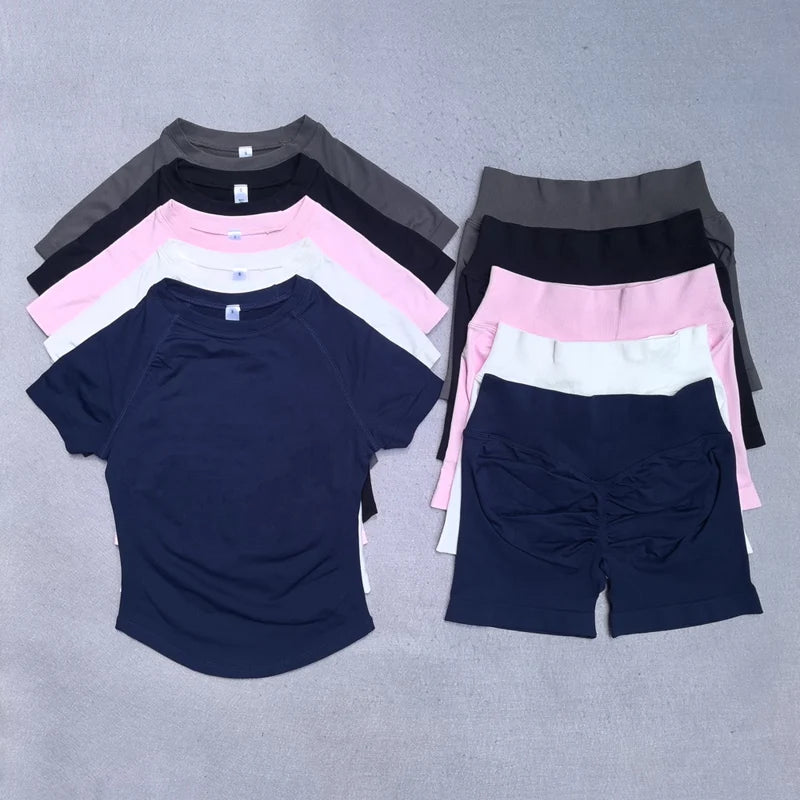 2 Piece Yoga Set Women Outfit Longline Short Sleeve Gym Top Shirt High Waist Workout Shorts Sports Suit Fitness Clothes Gym Set