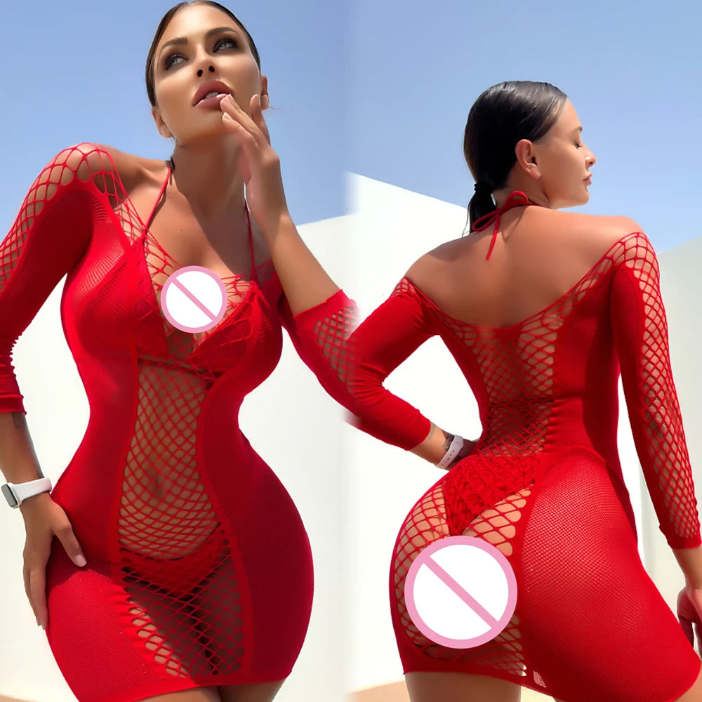 White Hollow Out Sheer Mesh Bodycon Mini Dress Summer Women's Bathing Suit Cover Ups Long Sleeve Swim Beachwear Top Sexy Outfits