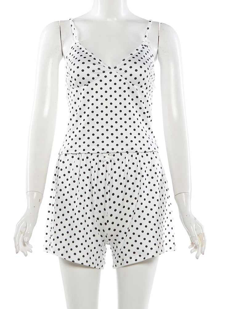 Nibber Street Bow Applique 2 Piece Set Women Fashion Polka Dot Print Low-Neck Sleeveless Camisole+Bike Short Sexy Party Suit