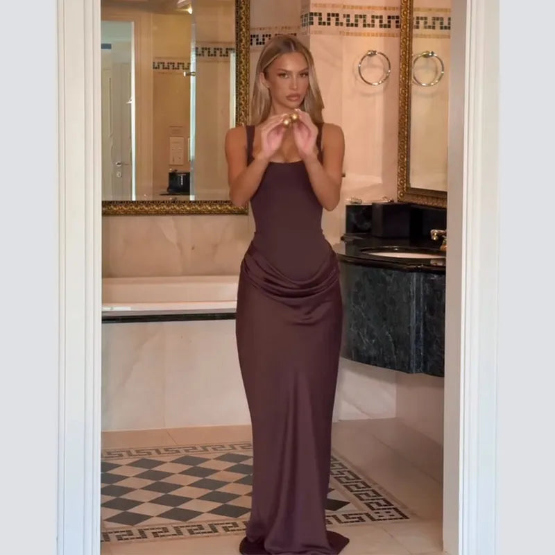 Elegant Yellow Strapless Pleated Long Dress Women Chic Solid Sleeveless Waist Cinching Split Gown 2026 Lady Evening Party Robes