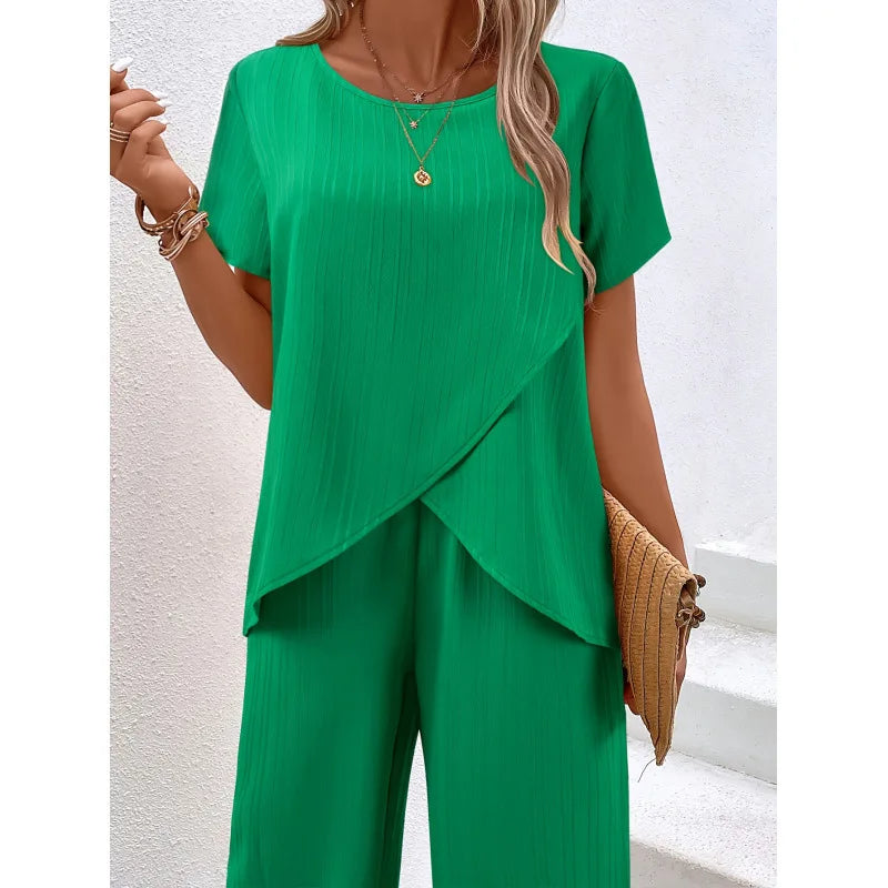New Fashion Elegant Office Ladies Set Casual Set With Irregular Short Sleeve Blouses Loose Long Pants Two Piece Outfit Women's