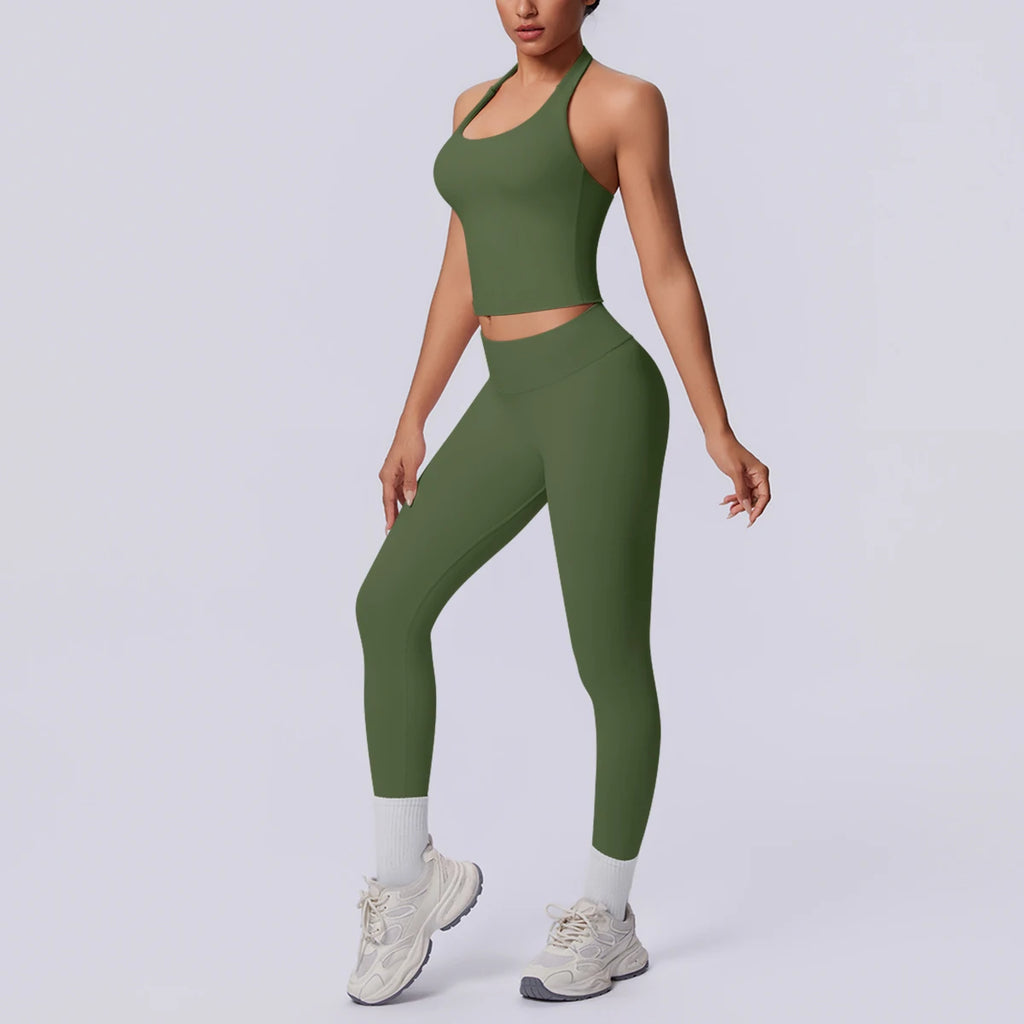 2PCS Woman Yoga Set Solid Color Sexy Fitness Top Summer Gym Workout High Stretch Female Pants Sports Fitness Clothing Yoga Set