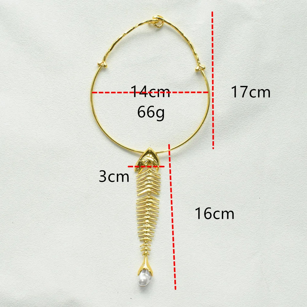 Novelty Design Alloy Big Fish Bone Pendant Choker Necklace For Women Fashion Jewelry Exaggerated Brand Show Statement Necklace