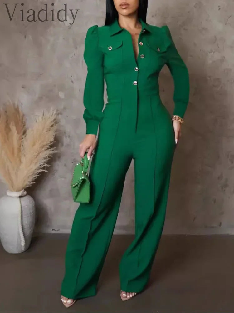 Women's Elegant Lapel Collar Button Front Puff Sleeve Wide Leg Jumpsuit High Waist Bodycon Long Romper