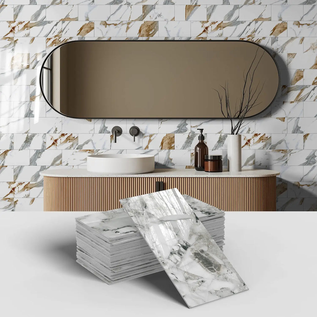 Marble Pattern Wall Sticker, 16/32/64pcs Peel & StickWall Decal, Waterproof Decorative Sticker For Home