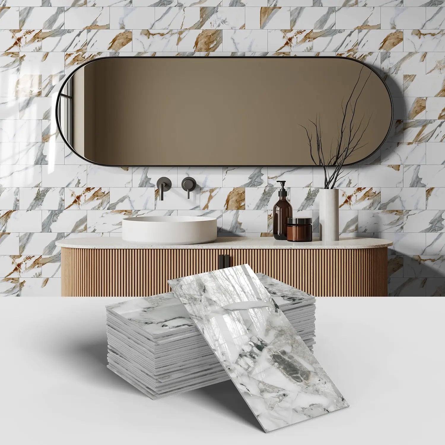 Marble Pattern Wall Sticker, 16/32/64pcs Peel & StickWall Decal, Waterproof Decorative Sticker For Home