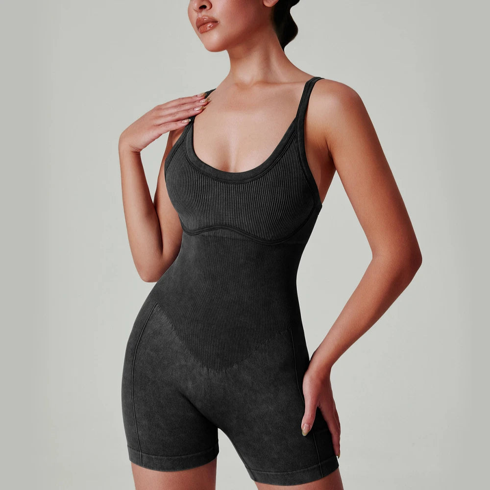 Seamless Shorts Gym Set Women Jumpsuit Yoga Set Water-washed 1pc Summer Workout Suit Bodysuit Fitness Push Up Short Sport Set