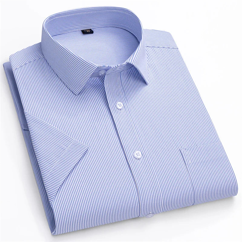 Men Formal Shirt Short Sleeve Office Solid Color Striped Fashion Business Pocket White Social Shirt Men's Clothing 5XL 6XL