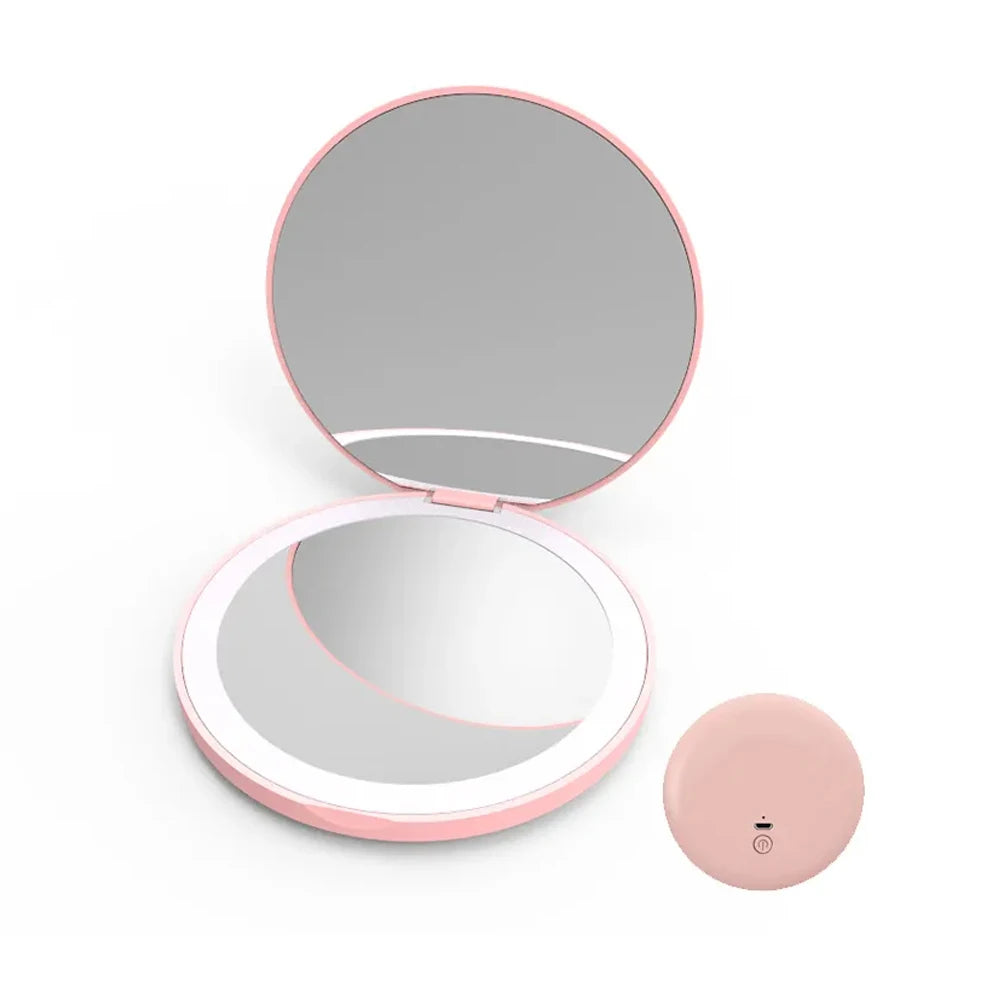 Pocket LED Makeup Mirror Round Portable Folding Small with Light Travel Handheld Cosmetic Compact 2X Magnifying Lighted Mirror