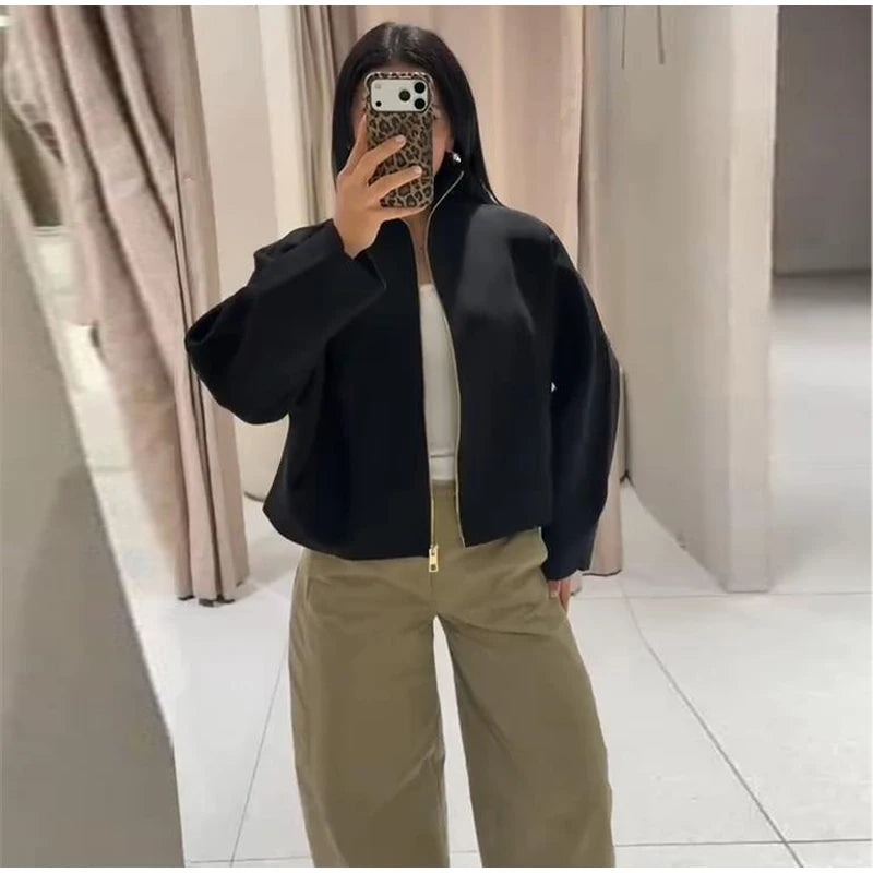 Elegant Knitted Zipper Women's Sweater Solid Full Sleeve Stand Collar Loose Open Stitch Female 2026 Fashion Autumn Outwear Lady