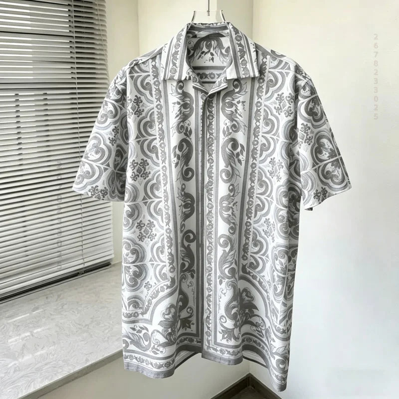 Men's shirts, summer Baroque printed shirts, loose oversized retro short sleeved shirts, vacation style versatile men's tops