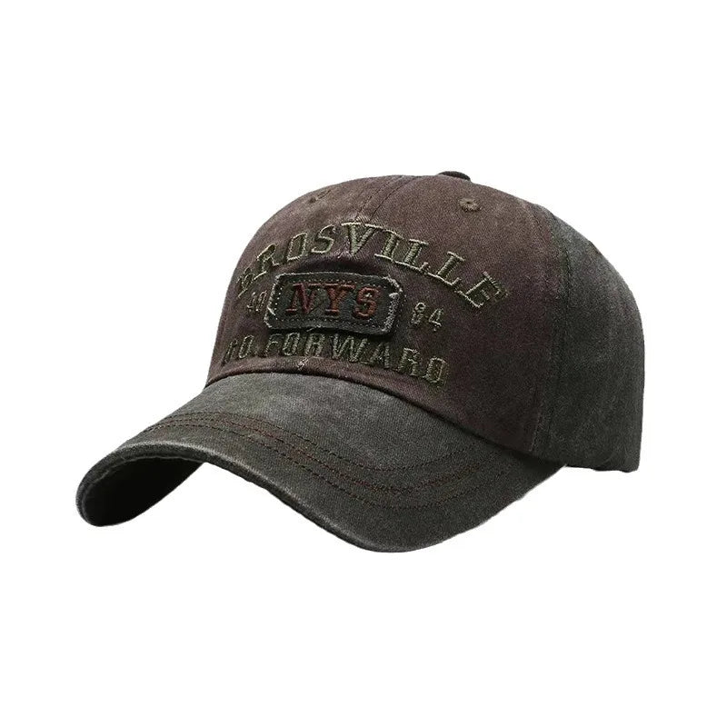 Four Seasons Men Baseball Cap Casual Distressed Washed Cotton Letter Embroidered Cap Bent Brim Dome Casual Sun Protection Hat
