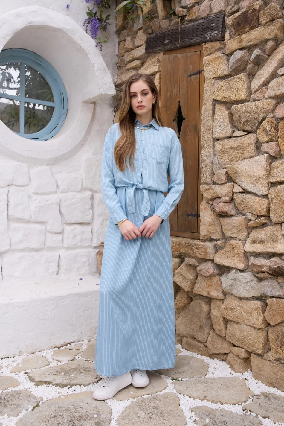 AS  SS26 Lyocell light Denim pinstripe wrap shirt + dress matching set fashionable vitality women's outfit