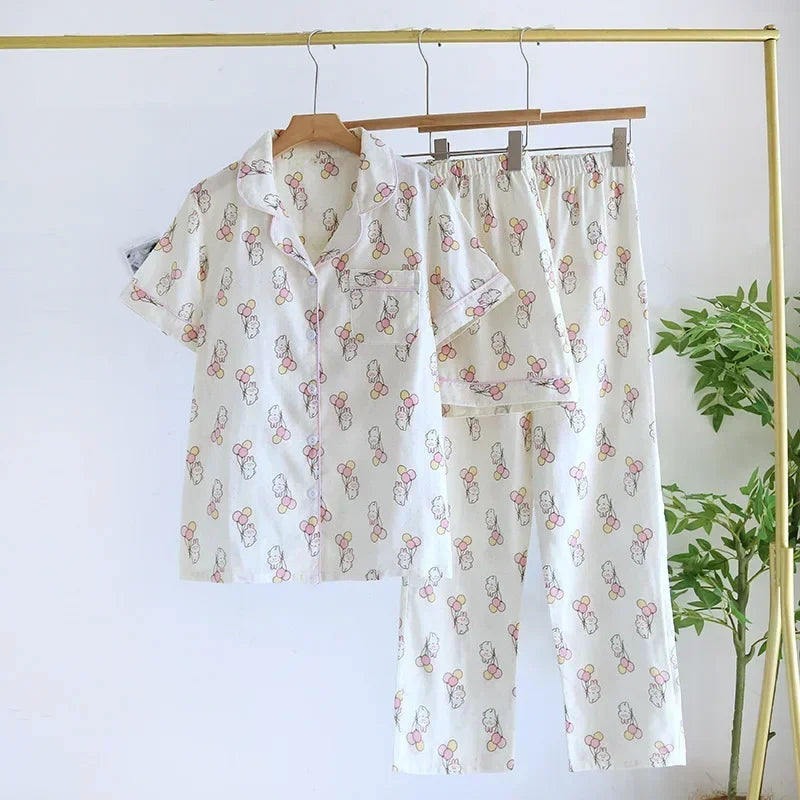 Three-piece Japanese-style pajamas women spring and summer autumn 100% cotton gauze short-sleeved shorts trousers summer suit ho