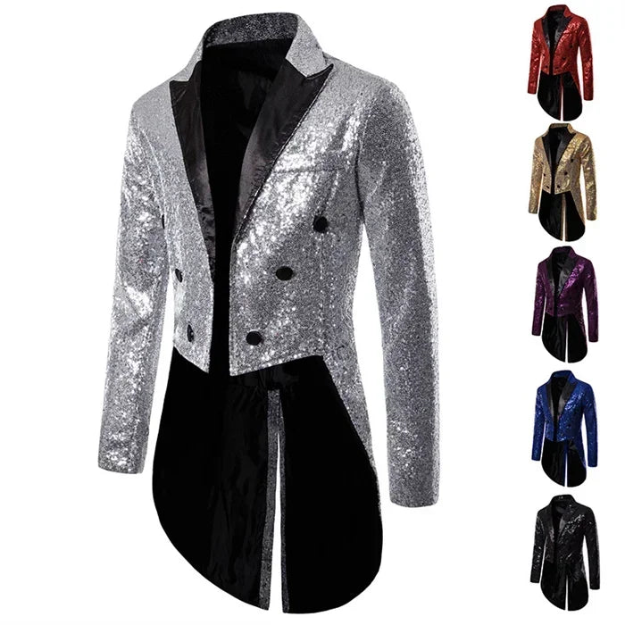 Fashion Men Luxurious Sequin Suit Jacket Black / Red / Silver Male Business Wedding Party Double Breasted Tuxedo Dress Blazer