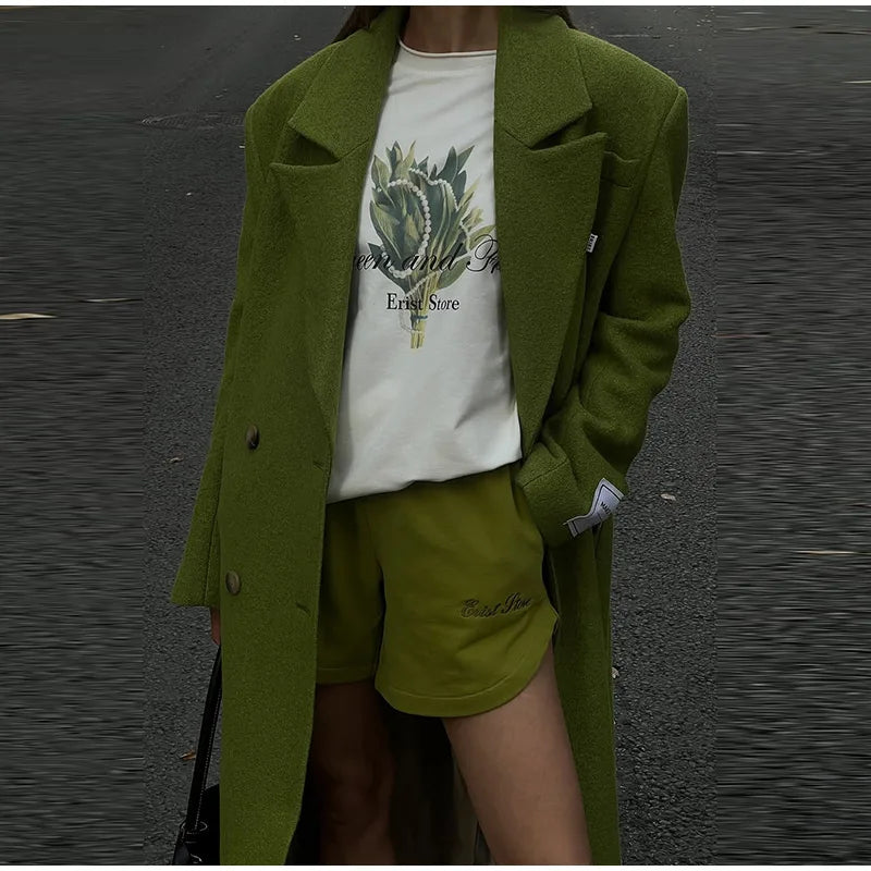 Women Olive Green Oversized Coat Notched Lapel Double Breasted Straight Outerwear Vintage Fall Winter Daily 2026 Office Outfit