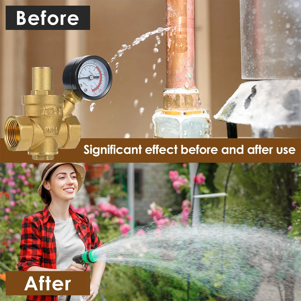 Water Pressure Regulator Brass Pressure Regulator DN20/15 Brass Adjustable Water Pressure Regulator Reducer with Gauge Meter
