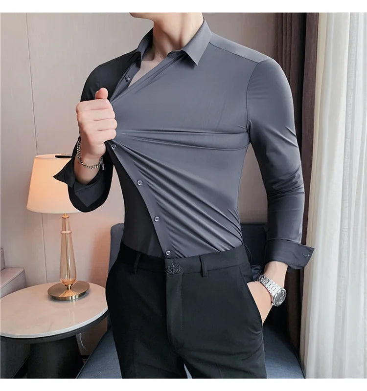 Men's Ultra Stretch Seamless Long Sleeve Shirt Top Quality Business Casual Breathable Stretchable Solid Color Formal Dress Shirt