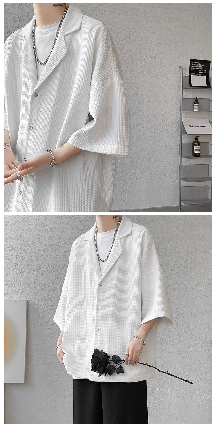 LEGIBLE Spring Summer Solid Shirts Men Casual Oversized Three Quarter Shirts Male Loose Fit Shirt for Man