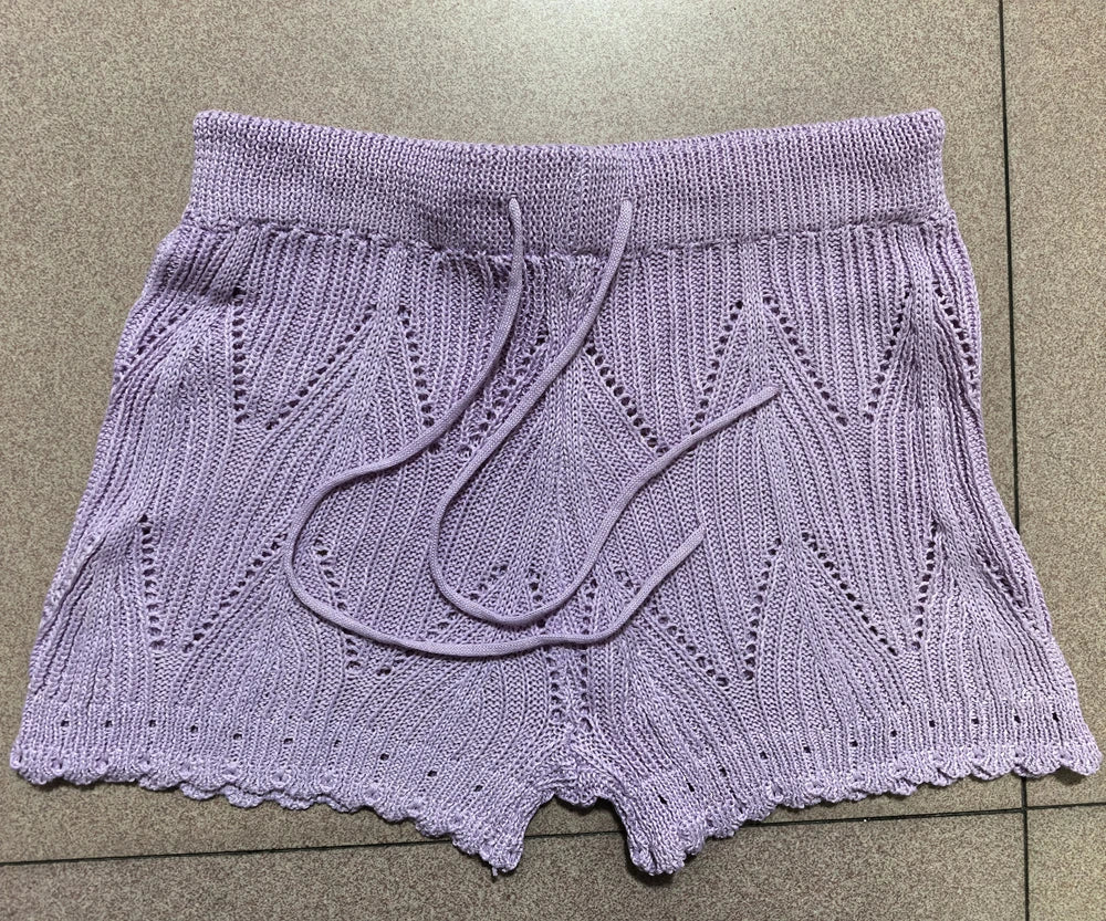 Womens Beach Shorts Hollow Out Knitted Lace Drawstring Elastic Waist Soft Breathable Loose High Waist Summer Bikini Shorts