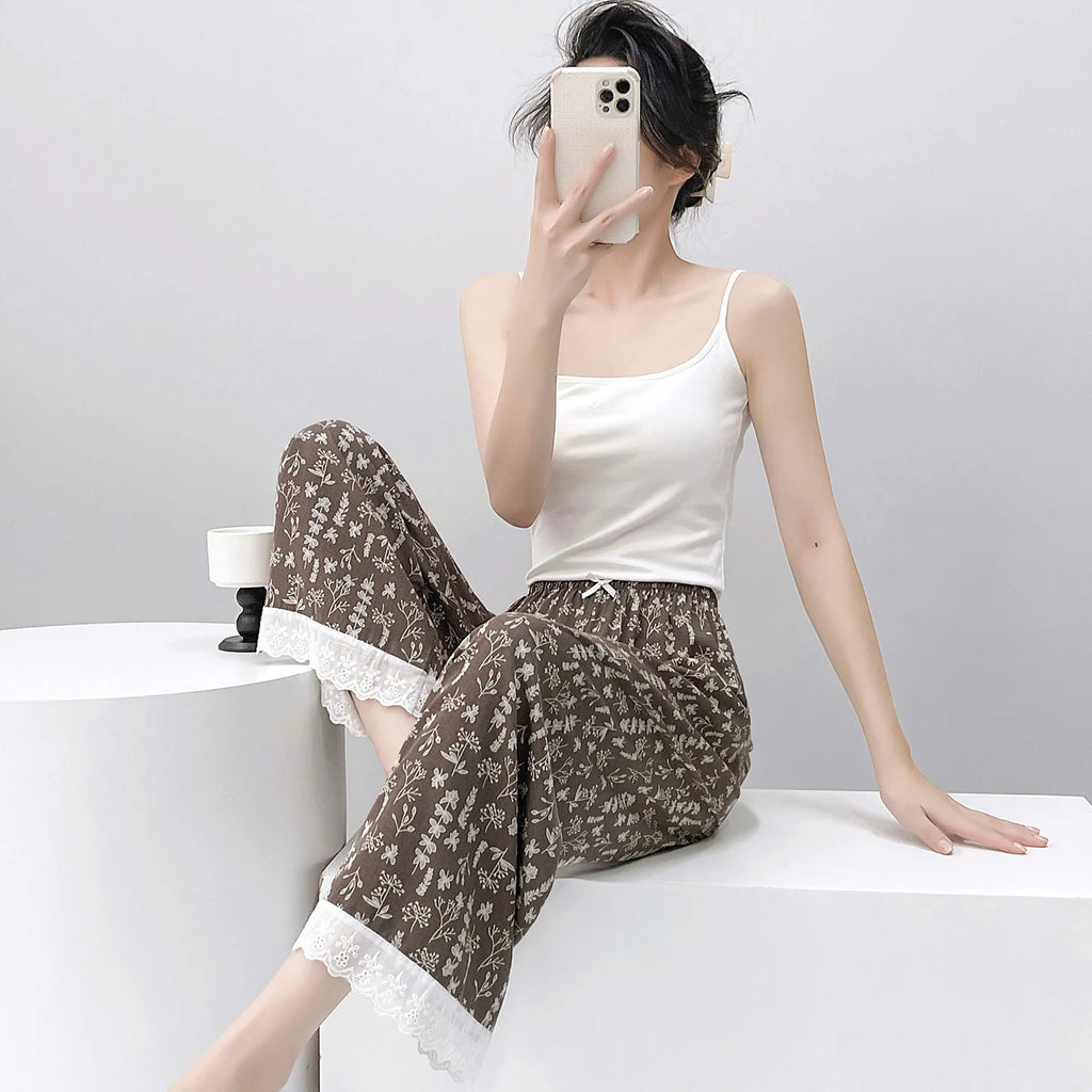Women Viscose Casual Trousers With Lace Loose Pajamas Home Pants Thin Wide Leg Pants Fashion Oversized Sleep Bottom Korean Pants