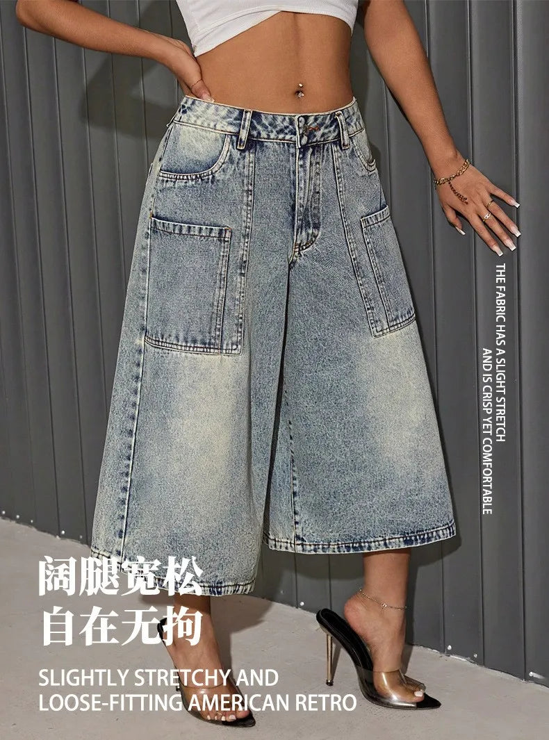 Women's Denim Shorts Mid Waist Wide Leg Faded Wash Multi Pockets Knee Length Loose Fit Vintage Casual Bermuda Jean Culottes