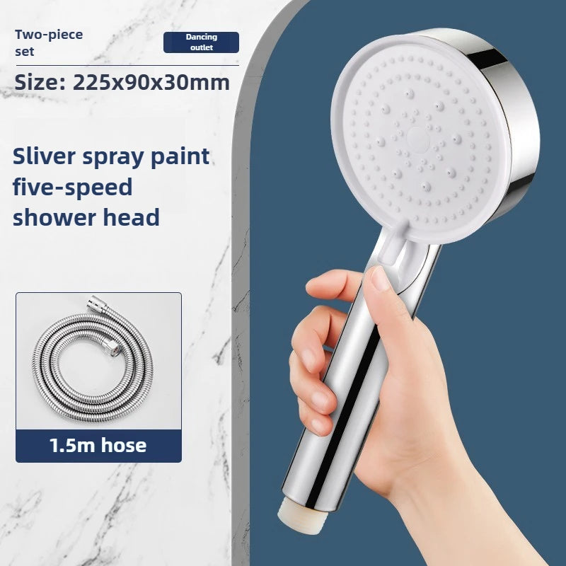 High-Pressure Handheld Shower Head with Stand and Hose - 5 Adjustable Water Flow Modes, Round Plastic Bathroom Accessory