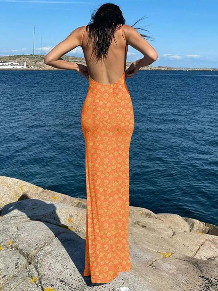 Women's Flower Print Sleeveless Backless Slim Maxi Dress Elegant Streetwear Party Clothing Spring 2025 Concise Sexy Slip Dress