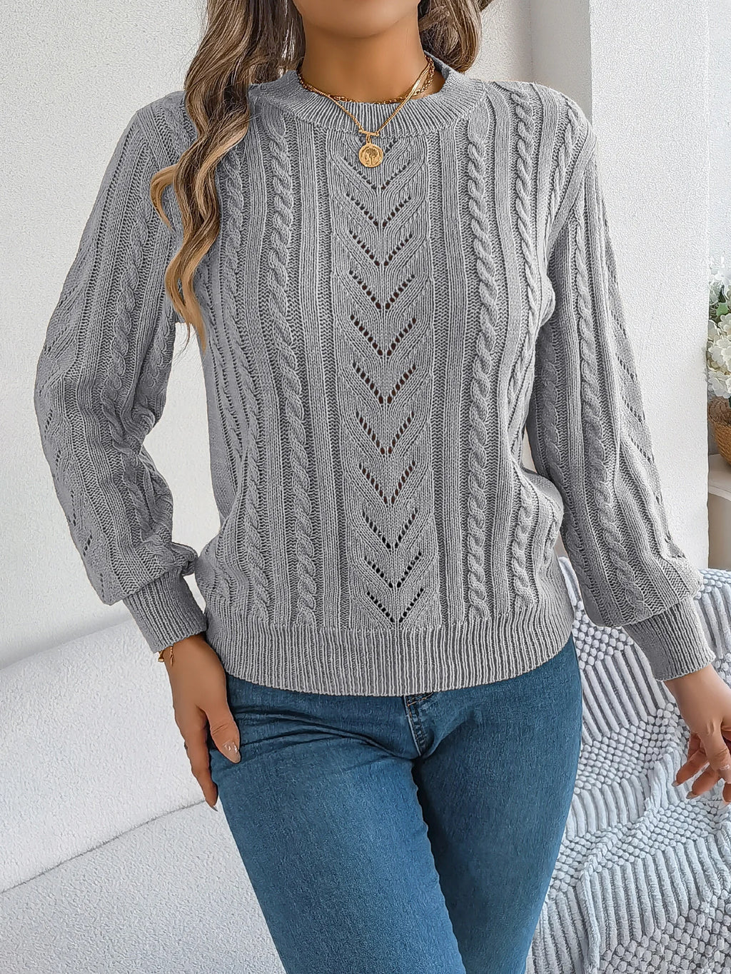 Women Solid Openwork Knit Pullover Round Neck Long Sleeve Cozy Fall Winter Resort Ready Sweater Top