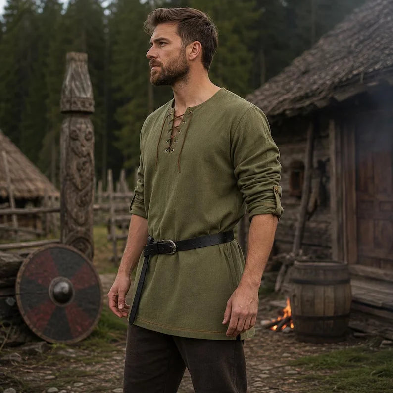 Men Medieval Lace Up Linen Long Sleeve Tunic Viking Pirate Renaissance Cosplay Shirt With Vintage Embossed Leather Belt