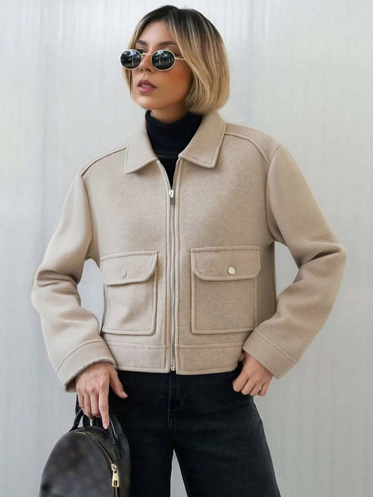 SLTNX Women's Zipper Jacket Coat New Winter Long Sleeve Pocket Outerwear Coat Short Street Elegant Women's Jacket