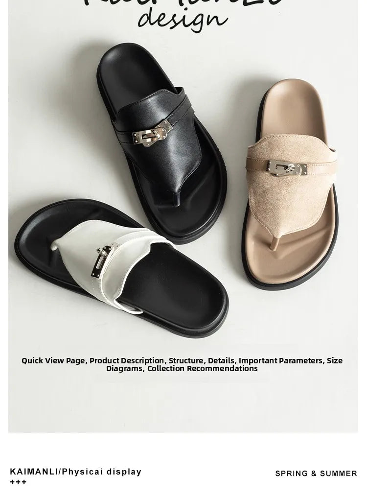 British Style Thick Bottom Slip-On Sandals Women Summer Foot-Strap Leather Half Slippers Beach Flat Heel Casual Shoes