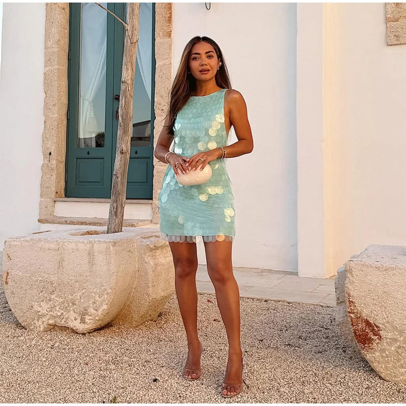 Fashion Sequin Mini Dress Women Sexy O-neck Sleeveless Backless Waist-cinching Slim Dresses 2026 Summer Lady Vacation Robe