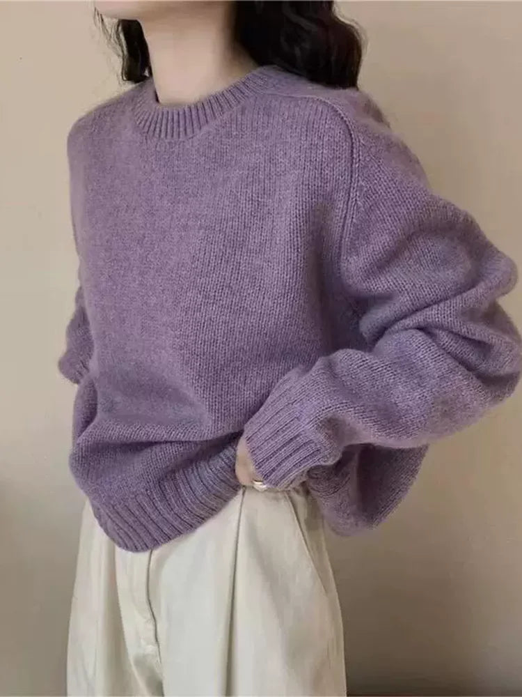 Purple O-Neck Long Sleeved Knitted Sweater Tops Casual Fashion New Knitwear Pullover Fall Winter Loose Soft Korean Jumpers