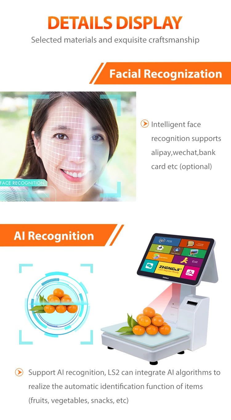 15.6 Inch   Touch Screen POS System All-in-One Fruit Shop Store Hotel Market AI Recognition  Label Scale