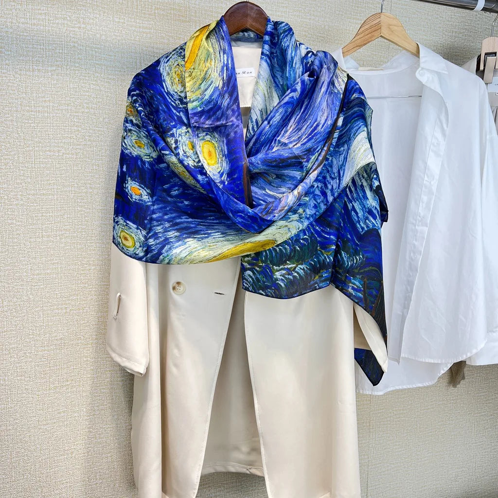 Birdtree, 9MM 100%Real Silk Scarf Shawl, Thin Plum Bossom Summer Beach Shawls Scarfs, Fall Winter Neck Head P36714QM