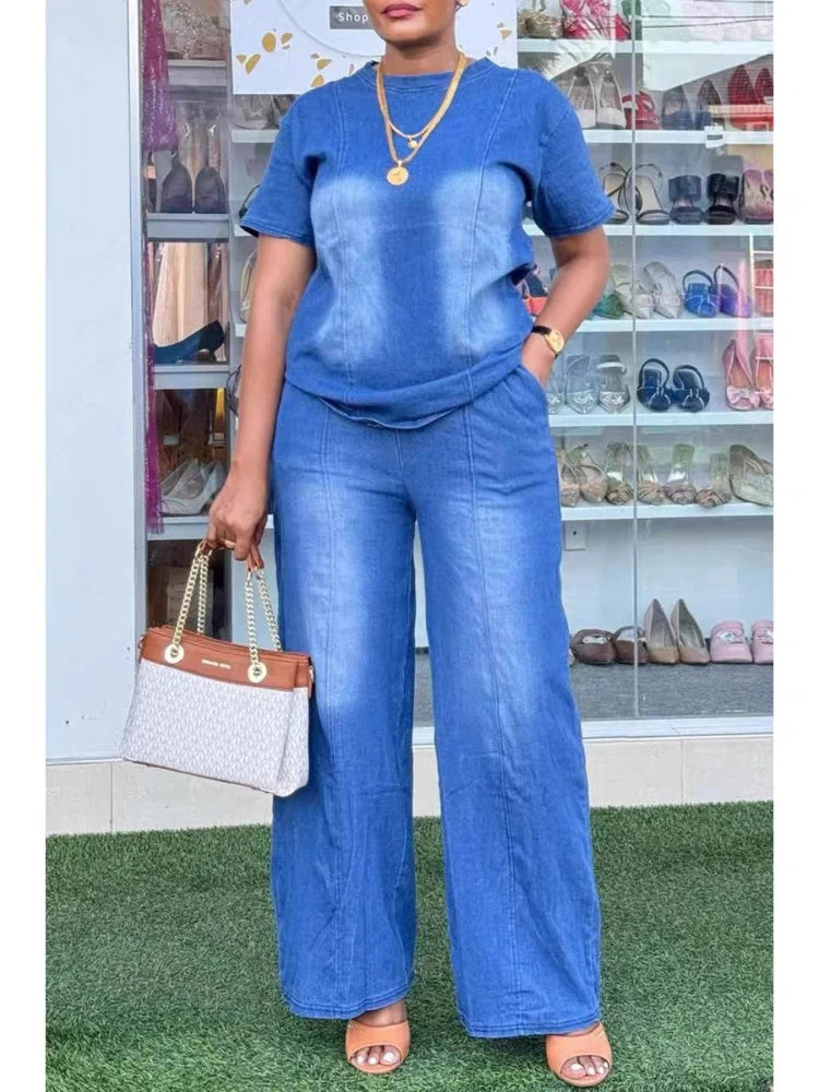 Women Pant Set Two Piece Sets Denim Round Neck Short Sleeve Tops Casual Loose Wide Leg Long Pants High Waist Y2k Streetwear