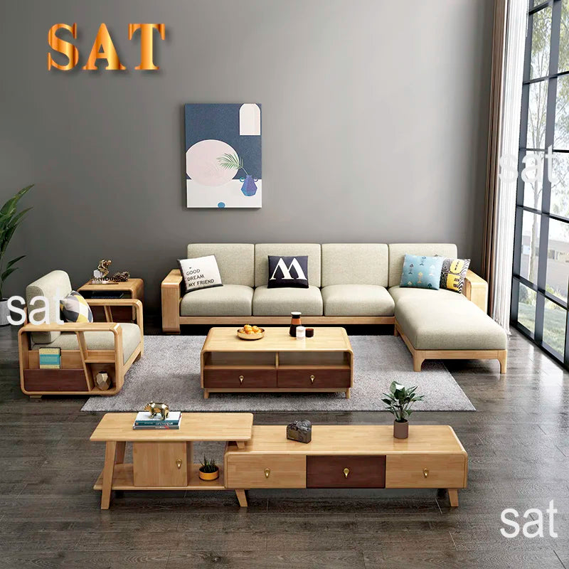 #Nordic Type Simple Modern Solid Wood Sofa Set Furniture Living Room Fabric Sectional Sofa