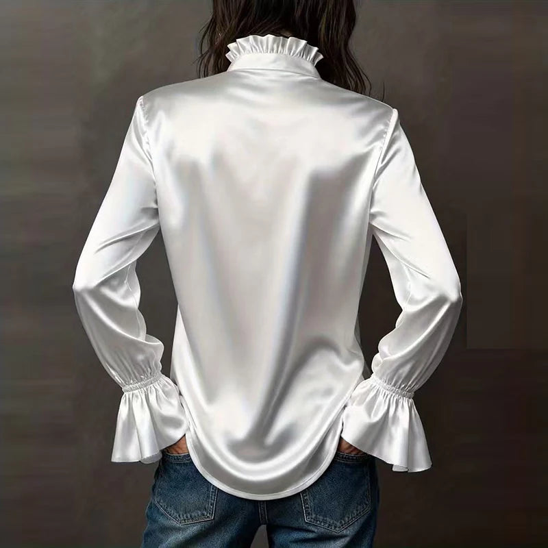 Fashion Women Long Sleeve Silk Shirt Black Turn Down Collar Button Blouse Women Office Tops Mesh See Through Sleeve Satin Shirt