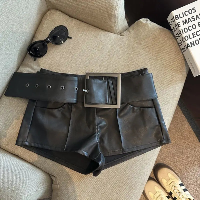 New 2026 Fashion Design Wide Belt PU Leather Shorts Women's Casual Booty Shorts