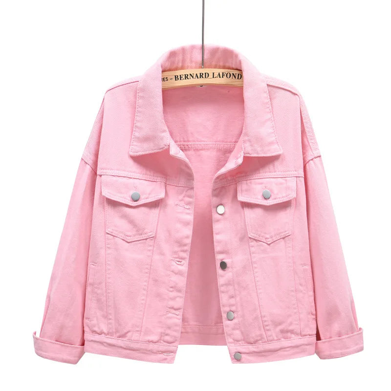 Pink Denim Jacket Women's Spring Autumn Single-breasted Lapel Coat Fashion Green Black Red Blue Outerwear Female Jean Overcoat