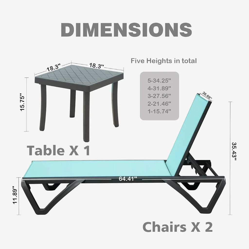 Outdoor Aluminum Chaise Lounge 3-Piece Set 5-Position Adjustable Recliner with Side Table for Patio Beach Pool Yard, Customized