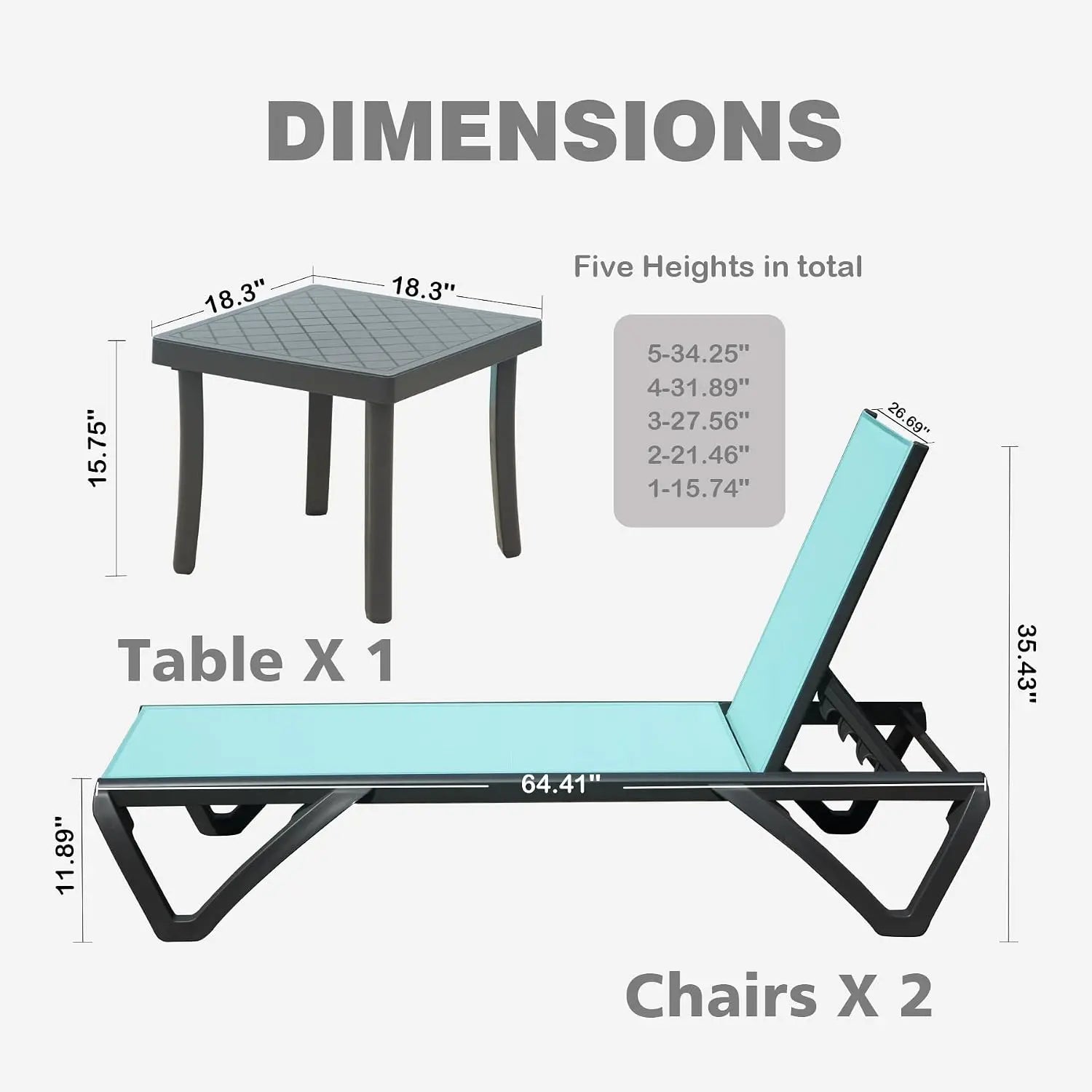 Outdoor Aluminum Chaise Lounge 3-Piece Set 5-Position Adjustable Recliner with Side Table for Patio Beach Pool Yard, Customized