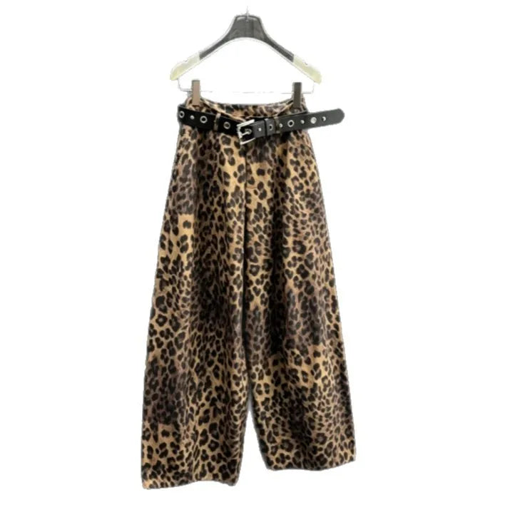 Wide Leg Leopard Print Pants Full Length Ins Style with Streetwear No Stretch Regular Thickness Belt Mid Waist Women Pants
