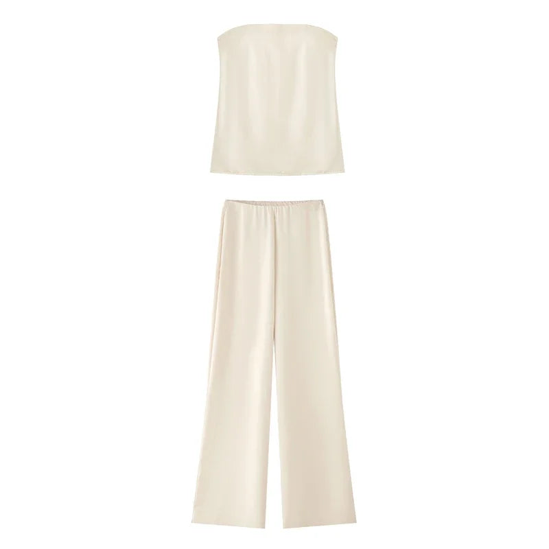 MUJER Women's Pants Sets off Shoulder Crop Top Woman Satin High Waist Pants Sets for Women 2 Pieces Summer Outfit Woman Trousers