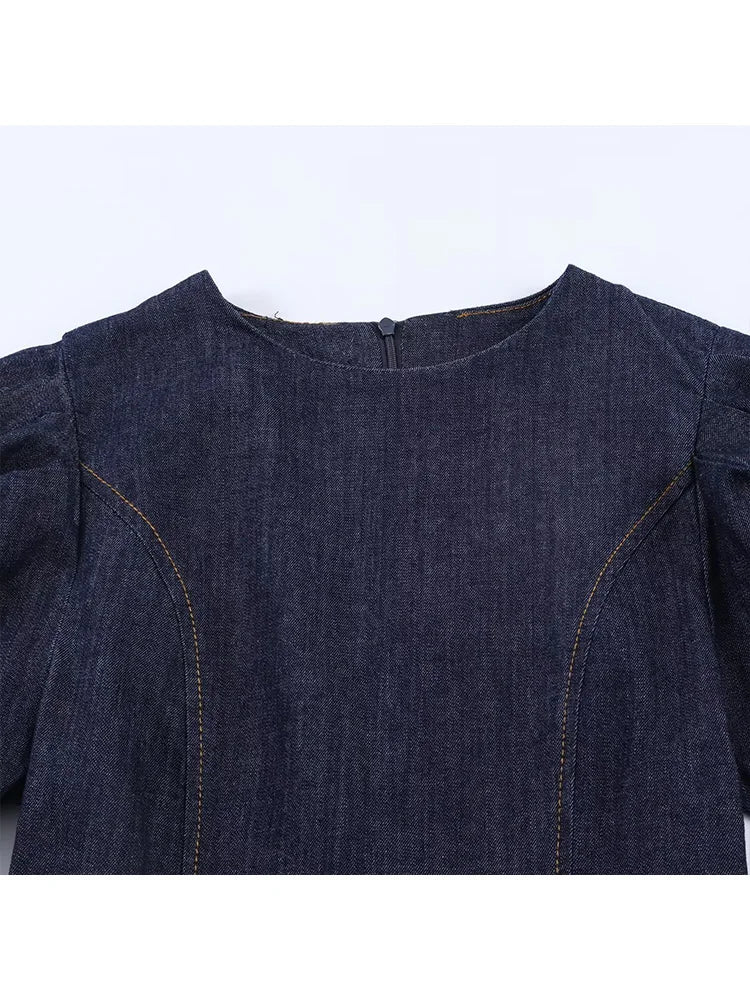 HH Summer Women Fashion O-Neck Bubble Sleeve Denim Dress Back Zipper Sexy Solid Dress Woman Holiday Party Mini 2026 Dress